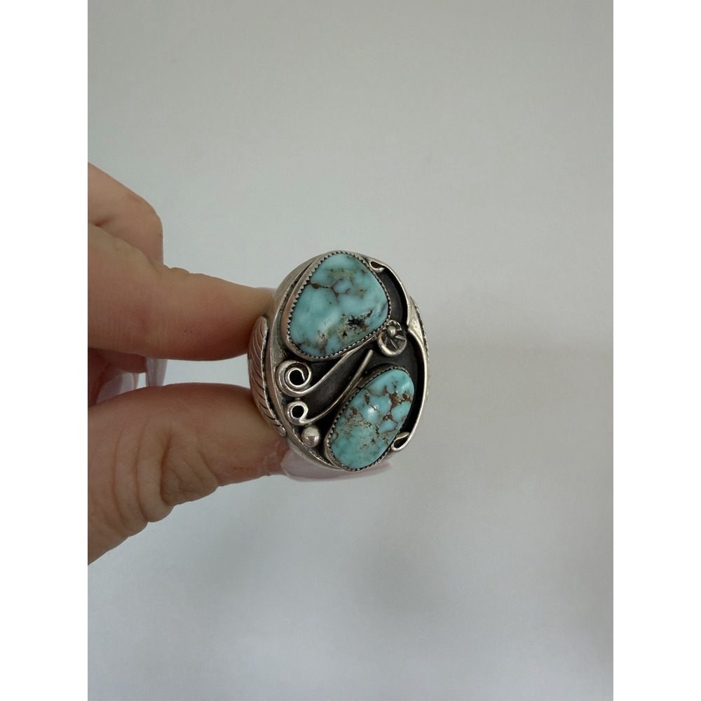 VTG Navajo Native American Sterling Turquoise Heavy Ring Signed HH 32g Size 11.5